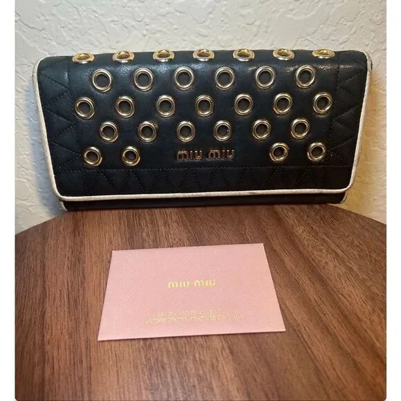 Miu Miu Leather Long Wallet Deep Navy Gold Grommet Studded Edgy Biker Alt Grunge - Picture 2 of 8